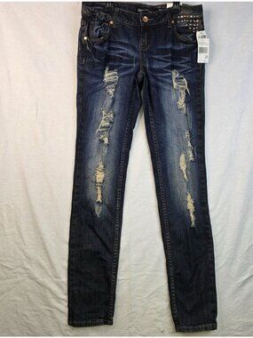 Kensie Skinny Leg Distressed Stretch Jeans 28 Dark Blue Rhinestone Edgy Festival
